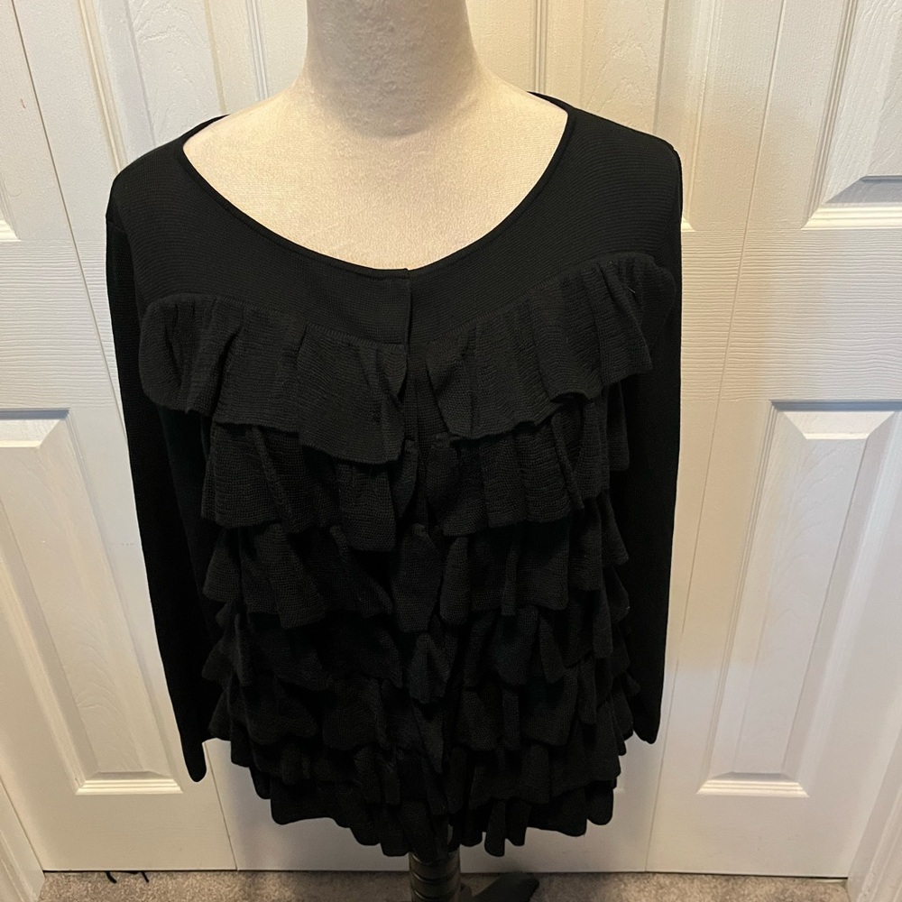 Per Se Silk blend Elegant Black Ruffle knit cardigan size L